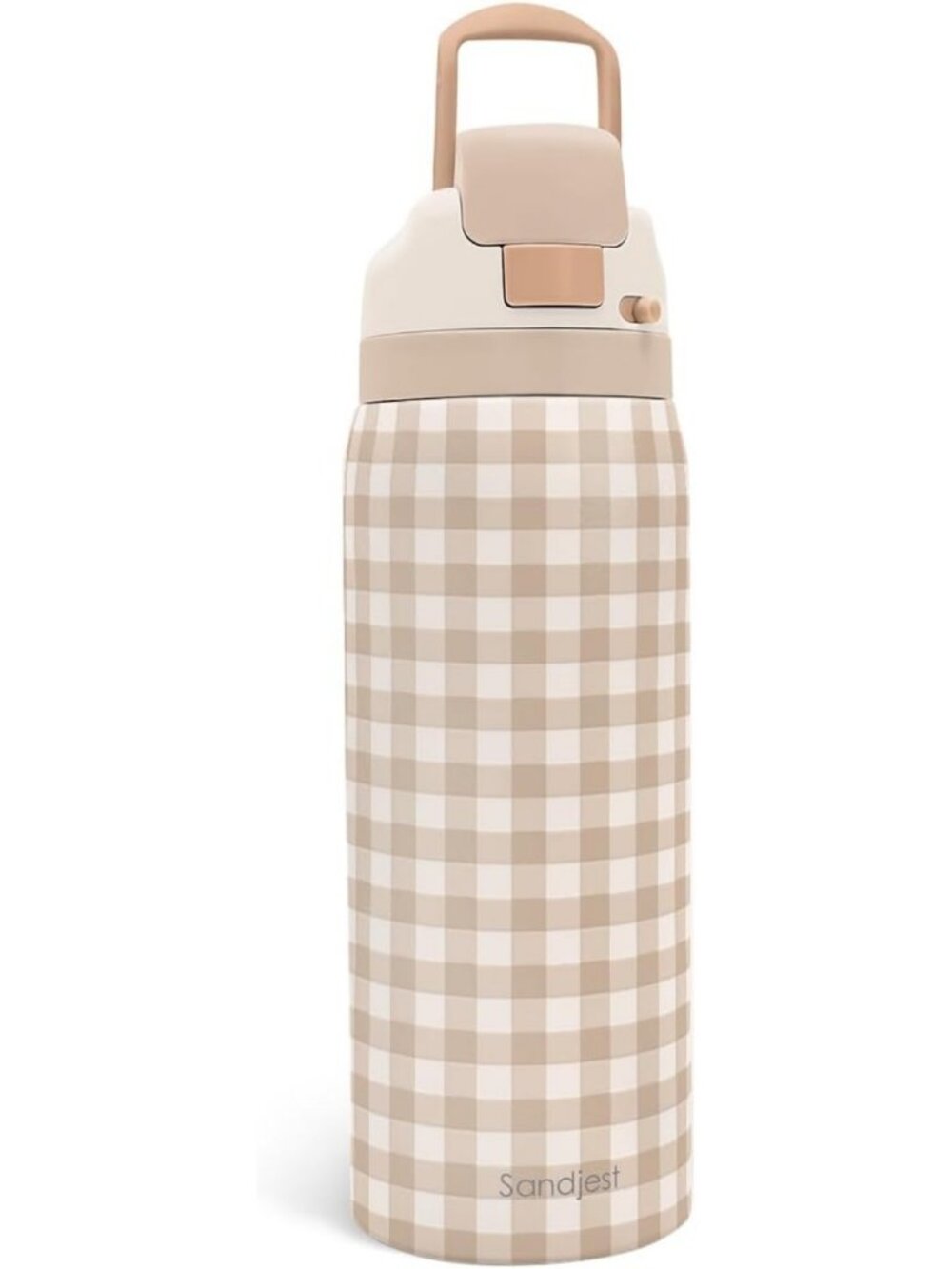 Stylish Brown Gingham 32oz Stainless Steel Push-Button Water Bottle, BPA-Free
